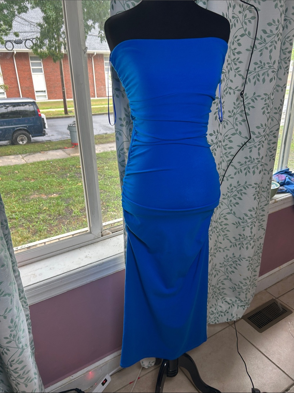 Astr Strapless Cobalt Blue Ruched Maxi Dress
